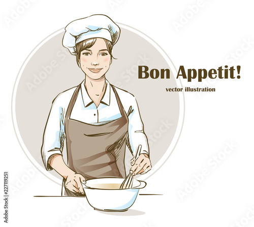 Smiling and happy female chef. Woman chef is cooking. Hand drawn vector illustration.