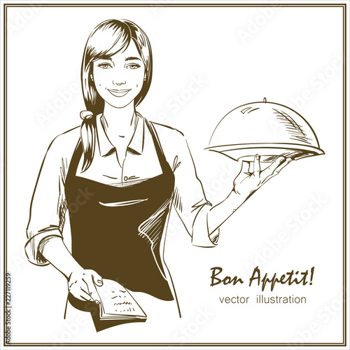 Smiling and happy female chef. Woman chef is holding a restaurant cloche. Hand drawn vector illustration.