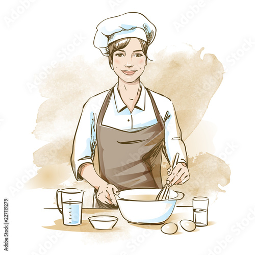 Smiling and happy female chef. Woman chef is cooking with whisk. Hand drawn vector illustration on artistic watercolor background.