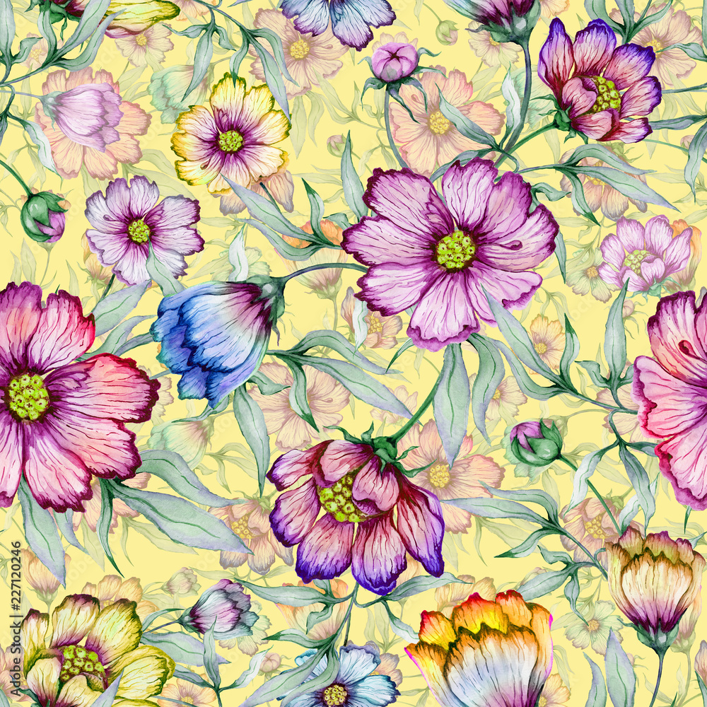 Beautiful colorful cosmos flowers with leaves on yellow background. Seamless floral pattern. Watercolor painting. Hand painted botanical illustration. Beautiful colorful cosmos flowers with leaves on yellow background. Seamless floral pattern. Watercolor painting. Hand painted botanical illustration.
