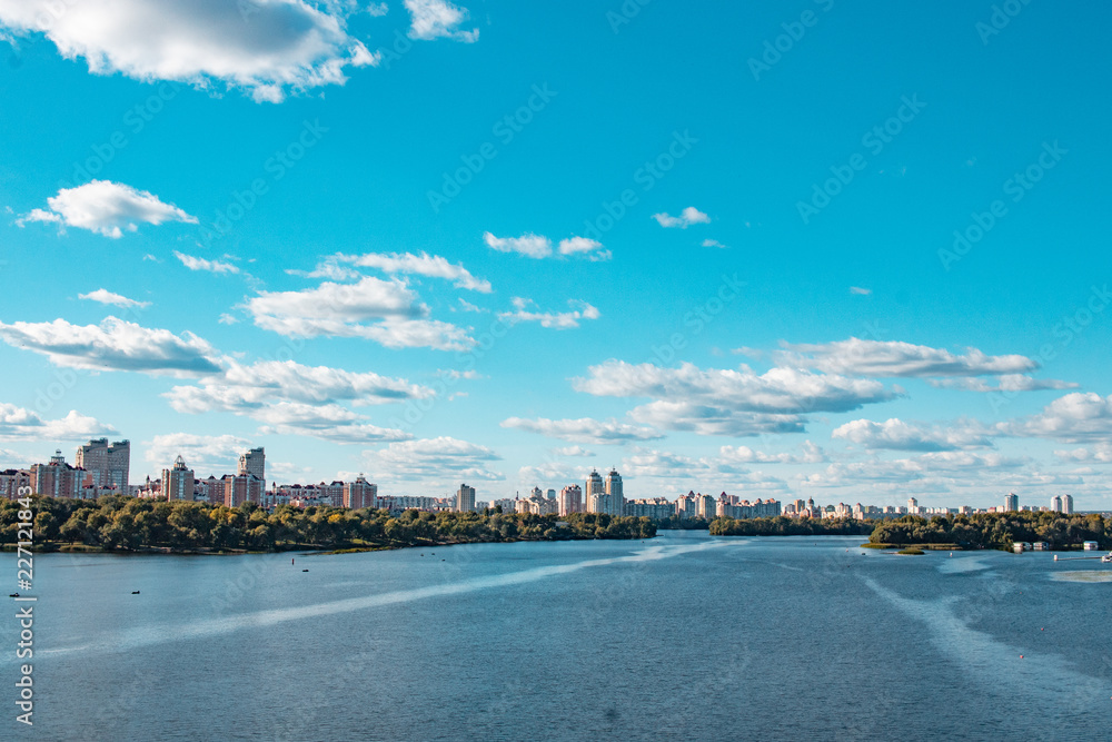 Dnieper river, Kiev city, Ukraine. View of the city skyline.