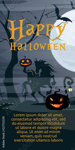 Happy Halloween lettering with moon and Headless Horseman. Invitation or advertising design. Typed text, calligraphy. For leaflets, brochures, invitations, posters or banners.