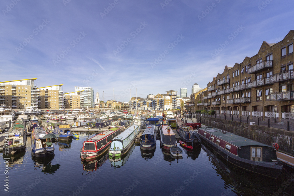 Boats at Limehouse Basin Marina, near Canary wharf riverside, London city, UK