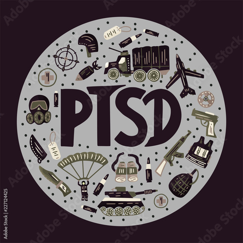 PTSD. Post traumatic stress disorder vector illustration.