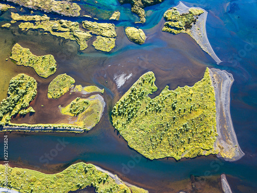 Fototapeta Naklejka Na Ścianę i Meble -  Drone photography of a river in iceland birdseye top down view