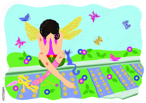 The wounded fairy cries. The fairy sits on the old railway. Vector illustration