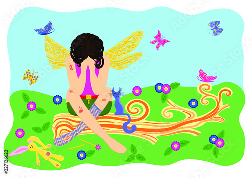 The wounded fairy cries. The fairy sits on a fallen tree. Vector illustration