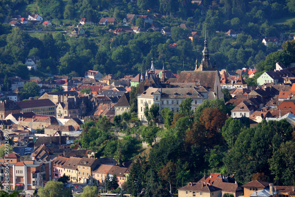 Aerial view of Old Town of Sighisoara, Romania
