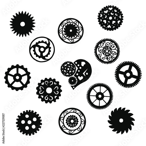 Set of black gears in the Victorian style on a white background, hand drawn. Vector illustration