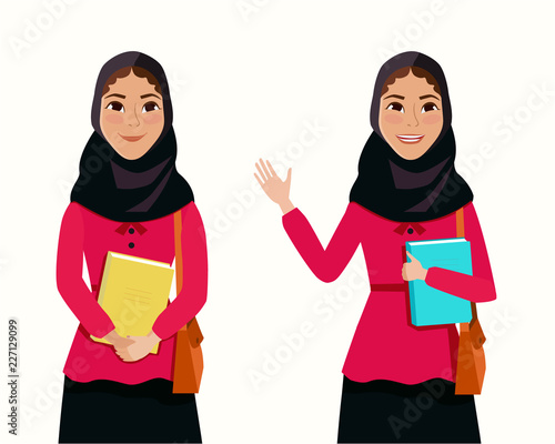 Arab woman with book in hands. Muslim woman. Hijab. Moslem student.  