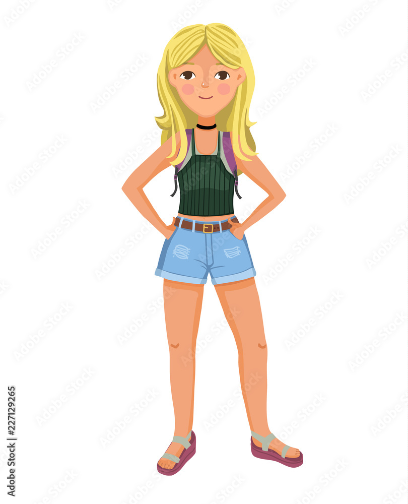 Young girl on white background with backpack. Summer clothes. Blonde fermale vector character. Woman with blond hair in blue denim shorts and rucksack on shoulders. Young girl on white background with backpack. Summer clothes. Blonde fermale vector character. Woman with blond hair in blue denim shorts and rucksack on shoulders.
