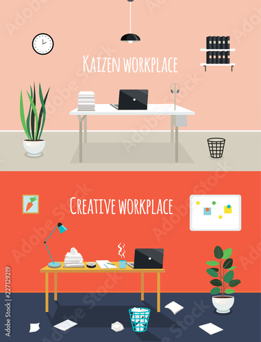 Kaizen work place and creative work place. Chaos or cleanness in your office room. Two styles of workplace organization. Flat vector order and disorder on the table. 