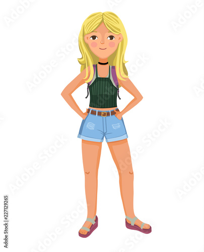 Young girl on white background with backpack. Summer clothes. Blonde fermale vector character. Woman with blond hair in blue denim shorts and rucksack on shoulders.