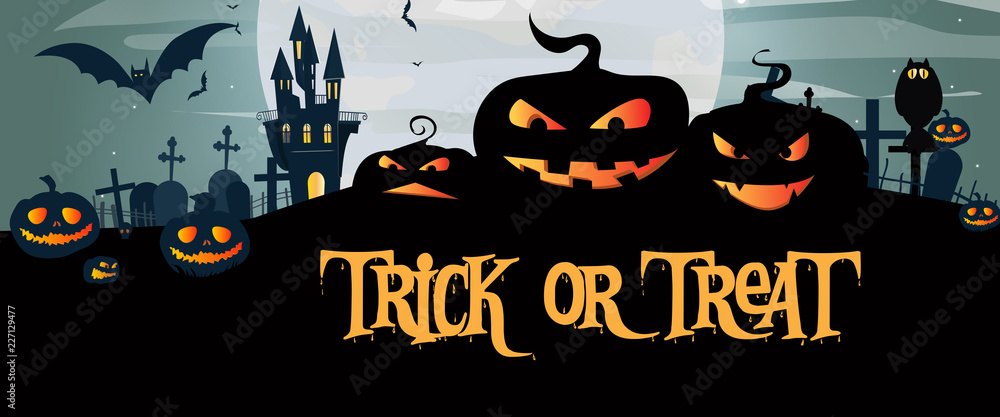 Naklejka premium Trick or treat banner design with scary illuminated pumpkins on graveyard in black color. Lettering can be used for invitations, signs, announcements