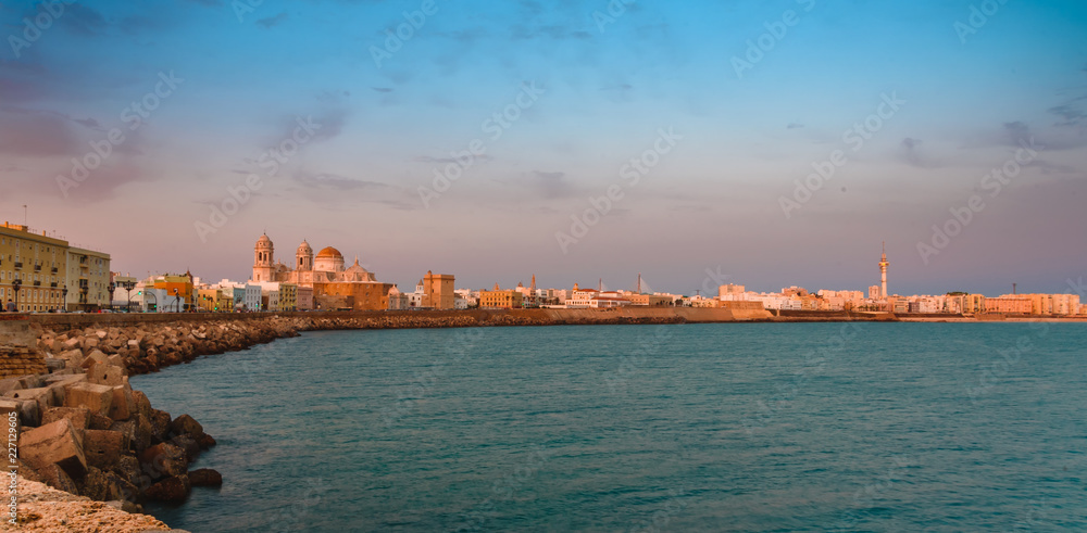 Spain, Cadiz panorama at sunset, the beautiful old city of Andalusia with a view of the cathedral