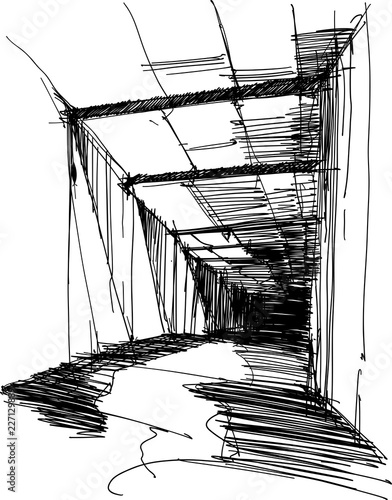hand drawn sketch of abstract modern interior of long curved hall or corridor