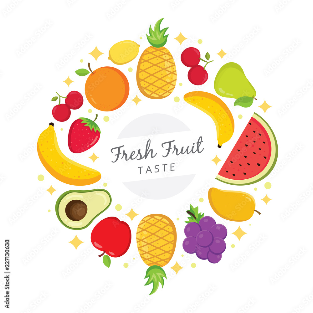 Fresh fruit taste background, Fresh colorful fruits arranged in circle. Vector illustration Fresh fruit taste background, Fresh colorful fruits arranged in circle. Vector illustration