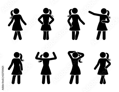 Stick figure women posing icon set. Standing young lady front view posture pictogram