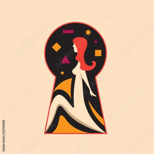 Sexy woman attractive female in the keyhole. Looking through a door. Door keyhole access flat vector.