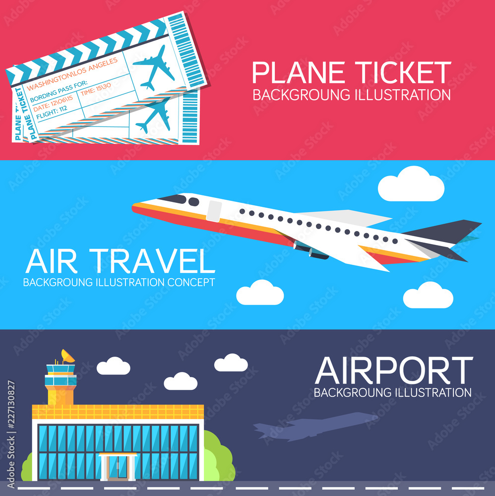 flat building airport with flying plane tour and ticket concept banners or card.  Vector illustration for colorful template for you design, web and mobile applications