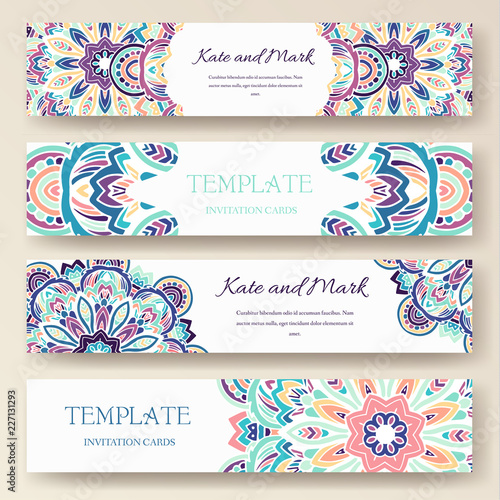 Set of ethnic ornament banners and flyer concept. Vintage art traditional, Islam, Arabic, Indian, ottoman motifs, elements. 