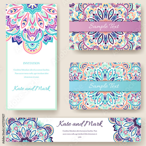 Set of ethnic ornament banners and flyer concept. Vintage art traditional, Islam, Arabic, Indian, ottoman motifs, elements. Vector decorative retro greeting card or invitation design illustration.