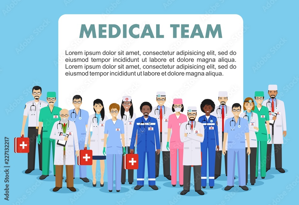 Medical concept. Detailed illustration of doctor and nurses in flat style isolated on blue background. Practitioner doctors man and woman standing in different positions. Vector illustration. Medical concept. Detailed illustration of doctor and nurses in flat style isolated on blue background. Practitioner doctors man and woman standing in different positions. Vector illustration.
