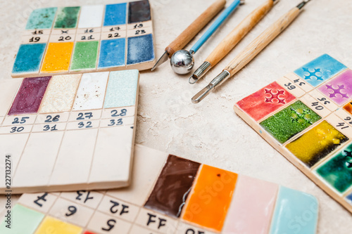 ceramics palettes and tools for handworking clay in the workshop photo