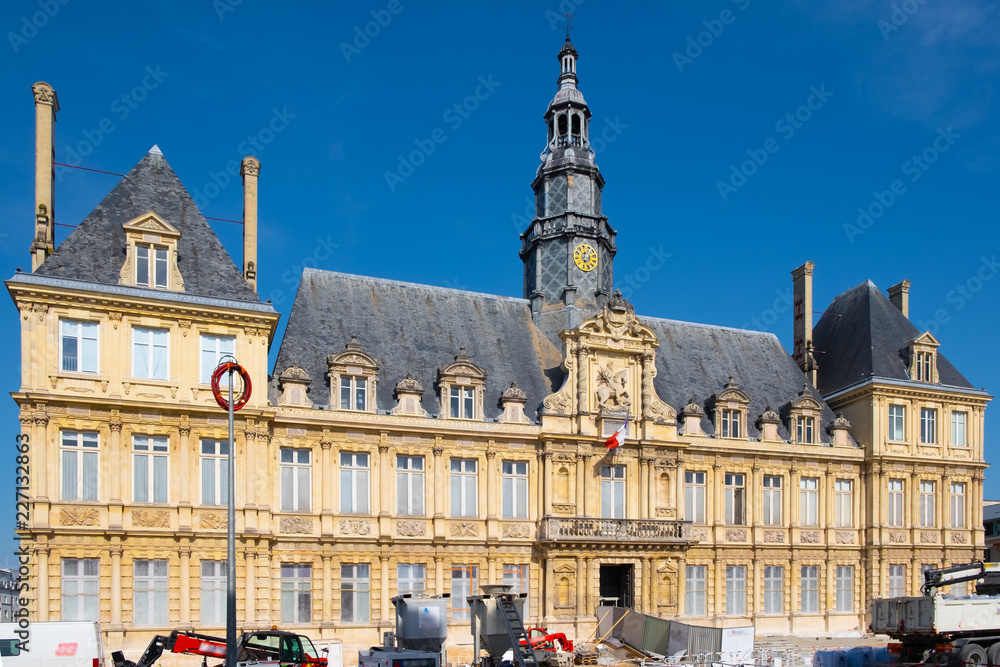 Reims town hall building and square under reconstruction, France
