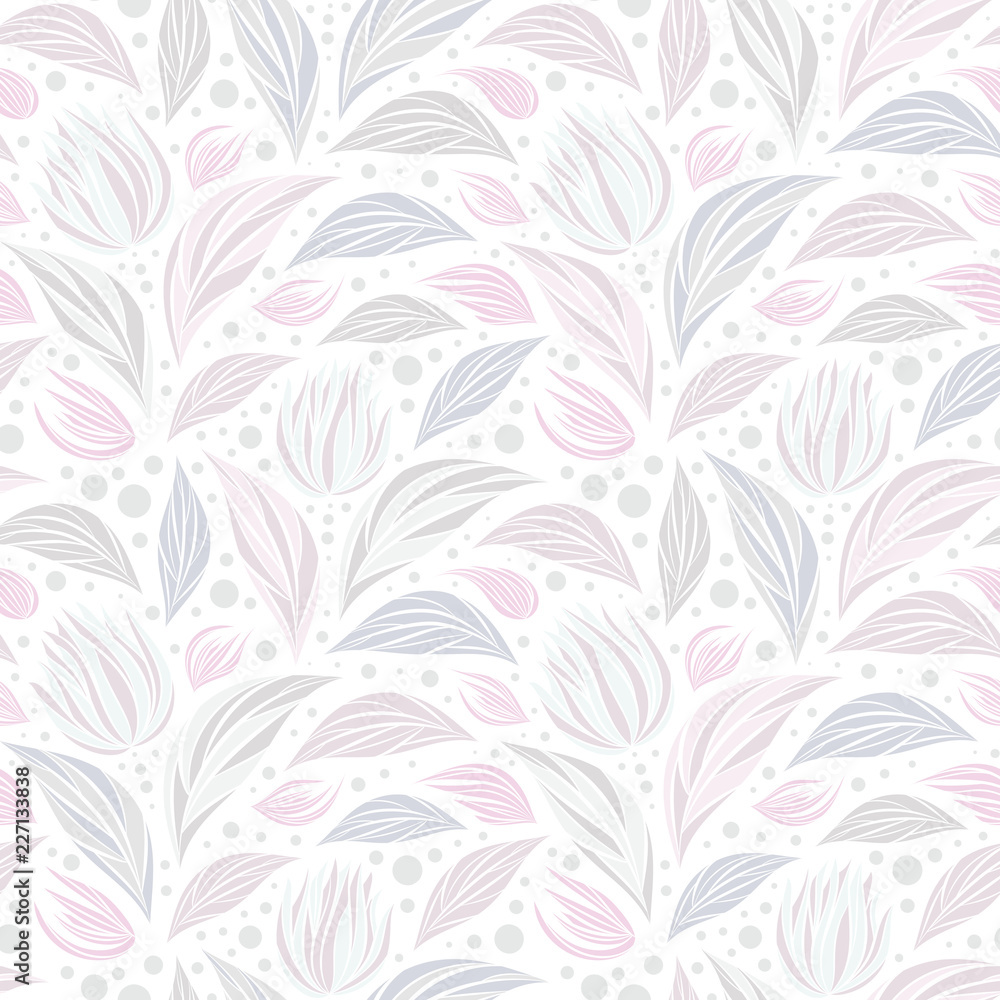 Seamless vector floral pattern with abstract mosaic flowers in pastel white colors