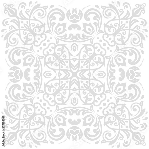 Oriental vector pattern with arabesques and floral elements. Traditional classic light silver ornament. Vintage pattern with arabesques