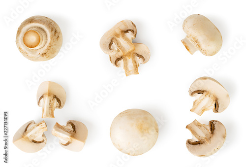 Set with mushrooms, halves and pieces on a white. The view from the top.