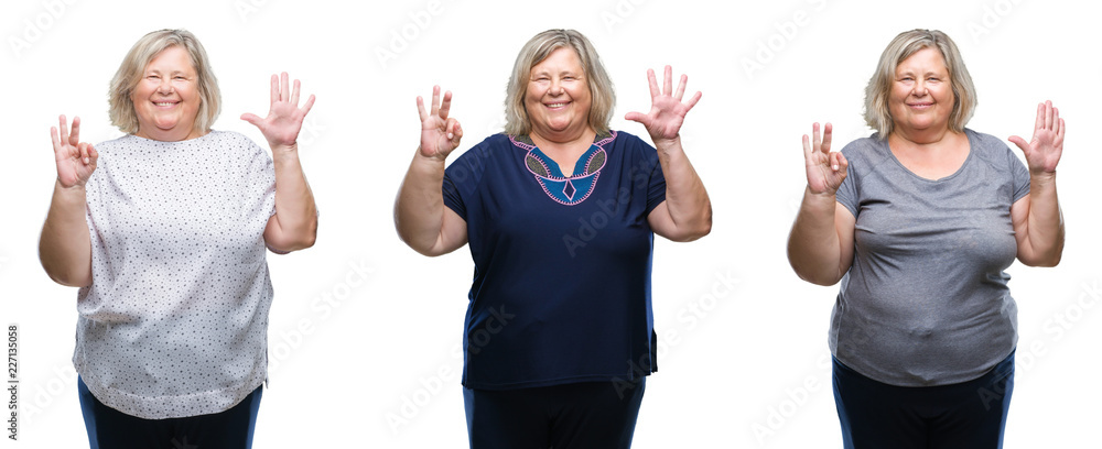 Collage of senior fat woman over isolated background showing and pointing up with fingers number eight while smiling confident and happy.