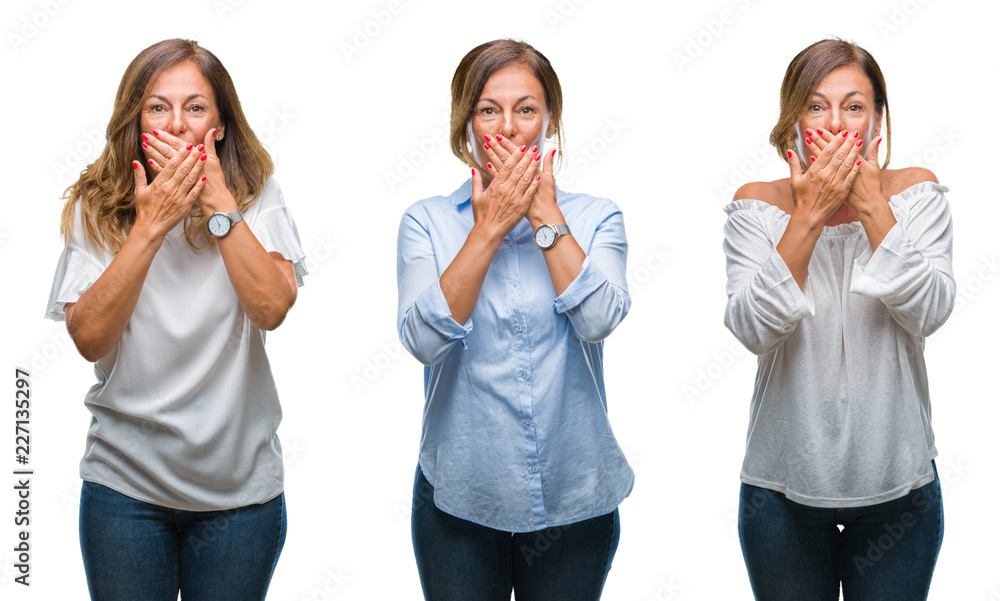 Collage of middle age hispanic woman over isolated background shocked covering mouth with hands for mistake. Secret concept. Collage of middle age hispanic woman over isolated background shocked covering mouth with hands for mistake. Secret concept.