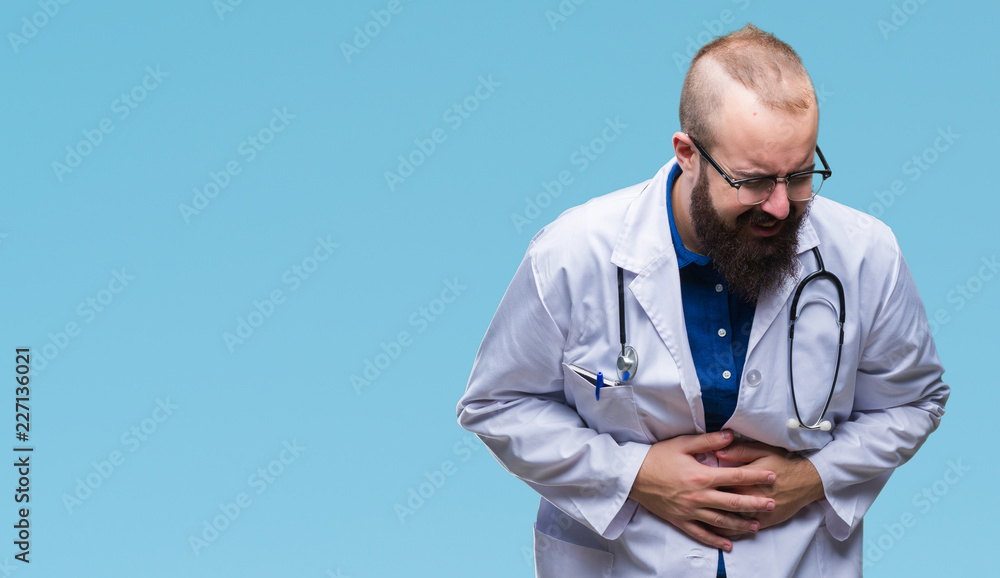 Young caucasian doctor man wearing medical white coat over isolated background with hand on stomach because nausea, painful disease feeling unwell. Ache concept. Young caucasian doctor man wearing medical white coat over isolated background with hand on stomach because nausea, painful disease feeling unwell. Ache concept.