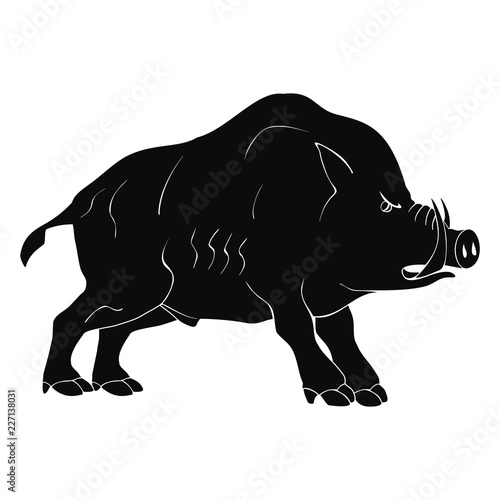 Wild boar in attack pose. Isolated black figure on white background.