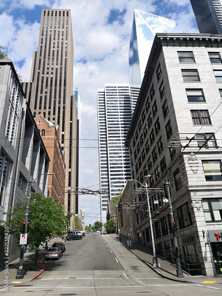 Seattle streets between skyscrapers