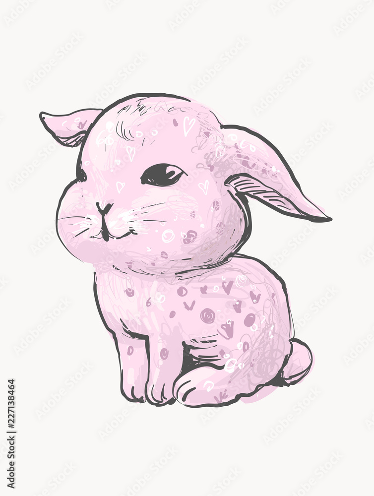 Naklejka premium Hand Drawn pink Vector Rabbit, Cute Bunny, baby bunny cute illustration. Print for children s t-shirts.