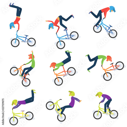 Athlete performs bike stunts. 9 high quality bmx cyclist silhouettes.