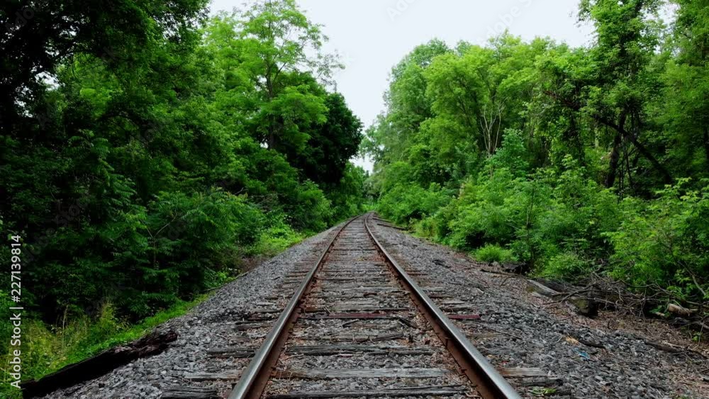 Train Tracks Empty Point of View with Trees. moving down the middle of empty train tracks with trees and forrest on both sides Train Tracks Empty Point of View with Trees. moving down the middle of empty train tracks with trees and forrest on both sides