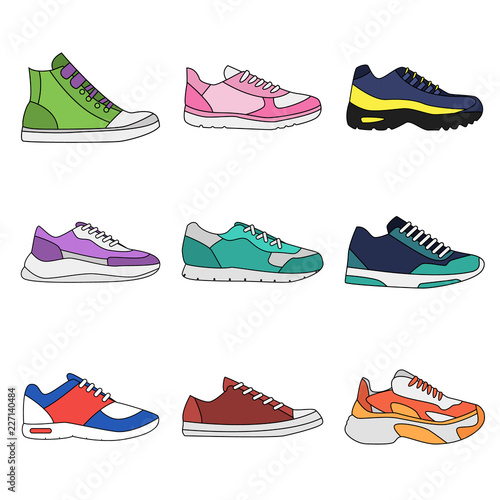 Different types of modern sneakers for everyday wear.