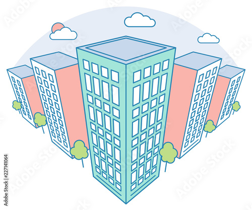 Nice city landscape view with high buildings, clouds, trees, modern residential and tenement house, linear outline style, vector concept