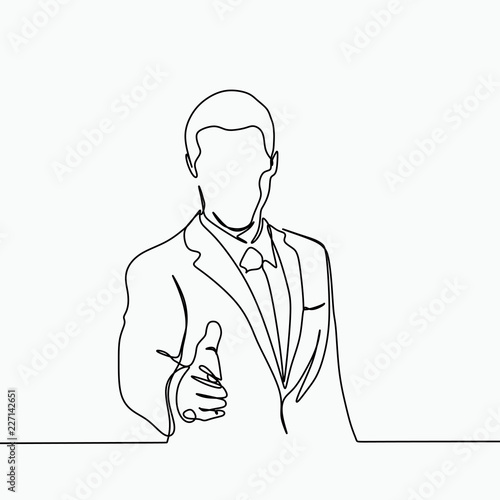 One line drawing of a man invite to shake hand. Vector illustration minimal design.
