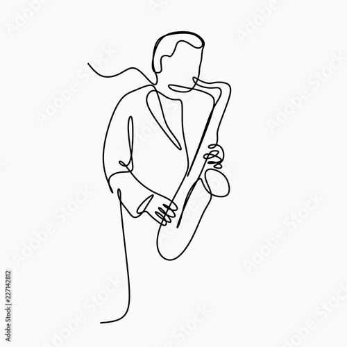 Single line art drawing of a man playing music with saxophone vector.