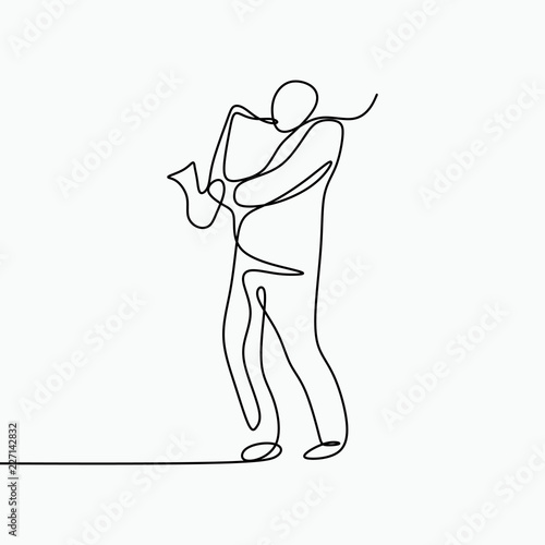 Jazz music vector theme of a musical jazz player with saxophone. One single line art drawing style with minimalistic design.
