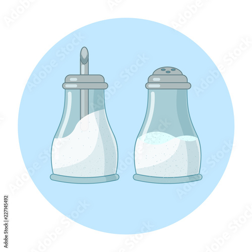 Sugar and salt in glass sugar bowl and salt shaker on blue background. Line art, Vector