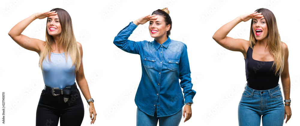 Fototapeta premium Collage of young beautiful woman over isolated background very happy and smiling looking far away with hand over head. Searching concept.