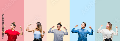 Collage of young beautiful woman over colorful vintage stripes isolated background showing arms muscles smiling proud. Fitness concept. photo