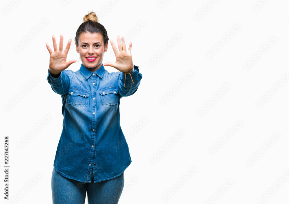 Young beautiful woman over isolated background showing and pointing up with fingers number ten while smiling confident and happy.