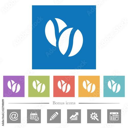 Coffe beans flat white icons in square backgrounds